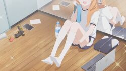 ashinagi_(bijutu1) blue_archive bottle charging_device gun gym_shorts hand_on_own_thigh handgun highres holding holding_towel jacket long_hair mari_(blue_archive) mari_(track)_(blue_archive) notebook orange_hair shirt short_shorts shorts socks tablet_pc thighs towel track_jacket water_bottle weapon white_shirt white_socks