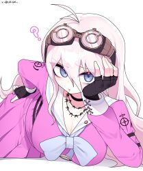1girl ? ahoge antenna_hair barbed_wire blonde_hair blue_eyes breasts choker cleavage danganronpa_(series) danganronpa_v3:_killing_harmony eyelashes fingerless_gloves gloves goggles goggles_on_head hair_between_eyes hand_on_own_hip hashtag-only_commentary highres igal_igaru iruma_miu large_breasts long_hair long_sleeves looking_at_viewer lying on_stomach pink_lips pink_serafuku school_uniform serafuku shirt simple_background skirt twitter_username white_background