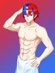 1boy blue_eyes blue_hair crossed_bangs fire_emblem fire_emblem_engage hair_between_eyes heterochromia highres looking_at_viewer male_alear_(fire_emblem) male_focus multicolored_hair nintendo novasvr prince red_aura red_eyes red_hair split-color_hair two-tone_hair