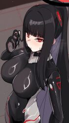 1girl absurdres black_bodysuit black_hair blue_archive blunt_bangs blush bodysuit breasts closed_mouth covered_navel highres kyurosuku large_breasts long_hair looking_at_viewer official_alternate_costume official_alternate_hairstyle ponytail red_eyes rio_(blue_archive) rio_(bodysuit)_(blue_archive) sidelocks solo sweatdrop