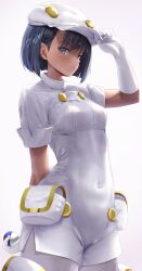 1girl absurdres aether_foundation_employee black_hair breasts commentary_request covered_navel cowboy_shot gloves great_ball grey_eyes hand_on_headwear hand_up hat highres holding holding_poke_ball naccyo43 nintendo overalls pantyhose poke_ball pokemon pokemon_sm short_hair short_sleeves simple_background solo white_background white_gloves white_hat white_overalls