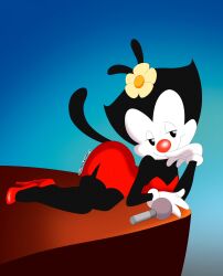 1girl 2023 absurdres animaniacs ass black_fur blue_background breasts chaosknight_1 dot_warner dress female_focus flower flower_on_head furry furry_female gloves gradient_background high_heels highres huge_ass inkblot instrument microphone narrowed_eyes personification piano red_dress red_nose shoes simple_background solo tail warner_bros white_fur white_gloves yellow_flower