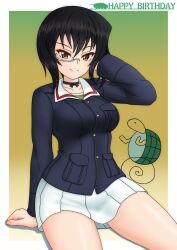 1girl absurdres amanone_yun birthday black_choker black_eyes black_hair blue_jacket bob_cut bow bow_choker choker closed_mouth commentary emblem english_text girls_und_panzer green_undershirt grey-framed_eyewear hand_in_own_hair happy_birthday highres jacket kawashima_momo long_sleeves military_uniform miniskirt monocle ooarai_military_uniform pleated_skirt semi-rimless_eyewear short_hair sitting skirt smile solo turtle under-rim_eyewear undershirt