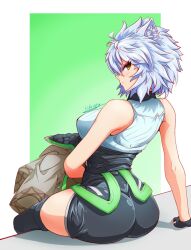 1girl animal_ears ass breasts cat_ears cat_girl clothing_cutout coat unworn_coat fingerless_gloves from_behind from_side gloves high-waist_shorts highres hikrispy jacket unworn_jacket medium_breasts messy_hair na&#039;el_(xenoblade) romper short_hair short_shorts shorts simple_background solo thighhighs thighs xenoblade_chronicles_(series) xenoblade_chronicles_3 yellow_eyes