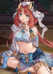 Rule 34 | 1girl, aqua eyes, armpit cutout, armpits, blue bow, blue gemstone, blue nails, blue skirt, blush, bow, bracer, breasts, circlet, clothing cutout, crop top, foot out of frame, forehead jewel, gem, genshin impact, gold trim, hand on floor, highres, horns, jewelry, large breasts, long hair, long sleeves, looking at viewer, midriff, nail polish, navel, neck ring, night, nilou (genshin impact), open mouth, outdoors, parted bangs, puffy long sleeves, puffy sleeves, red hair, sidelocks, sitting, skirt, smile, solo, stomach, thighlet, thighs, twintails, v, veil, white sleeves, white veil, yuririn poi