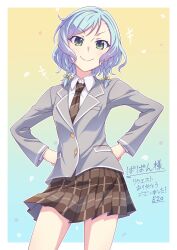 Rule 34 | &gt;:), 1girl, aqua hair, bang dream!, blazer, blush, border, bow, braid, brown necktie, brown skirt, closed mouth, collared shirt, commentary request, diagonal-striped clothes, diagonal-striped necktie, e20, green eyes, grey jacket, hair bow, hands on own hips, haneoka school uniform, highres, hikawa hina, jacket, long sleeves, looking at viewer, necktie, plaid clothes, plaid skirt, pleated skirt, school uniform, second-party source, shirt, skirt, smile, solo, standing, striped clothes, striped necktie, translation request, twin braids, v-shaped eyebrows, white border, white shirt, yellow bow