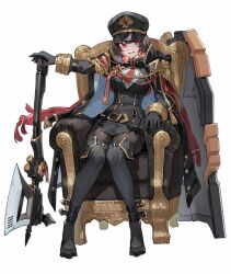 1girl black_boots black_gloves black_hair boots chair copyright_request epaulettes full_body gloves hat highres holding holding_weapon kokukyukeo looking_at_viewer military_hat military_uniform multicolored_hair necktie red_eyes red_necktie sitting solo thigh_boots weapon