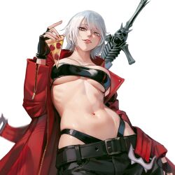 1girl absurdres belt belt_bra black_belt black_bra black_gloves black_pants blue_eyes bra breasts breasts_apart coat collarbone commentary cowboy_shot dante_(devil_may_cry) devil_may_cry devil_may_cry_(series) devil_may_cry_3 english_commentary fingerless_gloves food genderswap genderswap_(mtf) gloves hair_between_eyes henoopd highres holding holding_food holding_pizza large_breasts long_hair looking_at_viewer medium_hair navel open_clothes open_coat pants parted_lips pizza rebellion_(sword) red_coat red_nails ribs simple_background skindentation smile solo stomach sword sword_on_back underwear weapon weapon_on_back white_background white_hair