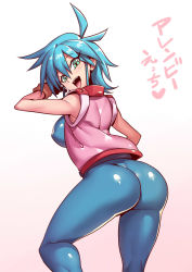 1girl allenby_beardsley ass blue_bodysuit blue_hair blush bodysuit breasts g_gundam gloves green_eyes gundam highres large_breasts looking_at_viewer open_mouth short_hair skin_tight smile solo tukiwani v