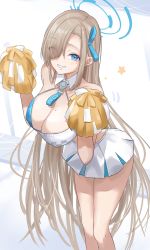 1girl absurdres asuna_(blue_archive) bare_shoulders blue_archive blue_eyes blush breasts cheerleader cleavage cosplay crop_top hair_over_one_eye halo highres holding large_breasts leaning_forward light_brown_hair long_hair looking_at_viewer millennium_cheerleader_outfit_(blue_archive) miniskirt mole mole_on_breast ogura_toast pleated_skirt pom_pom_(cheerleading) skirt smile solo white_skirt