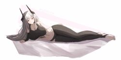 1girl arknights bare_shoulders black_horns blush breasts character_name cleavage closed_mouth crop_top full_body grey_hair hand_on_own_hip highres horns huge_breasts leggings long_hair looking_at_viewer lying material_growth mudrock_(arknights) navel on_side oripathy_lesion_(arknights) red_eyes sleeveless solo stirrup_legwear toeless_legwear vincentime white_background