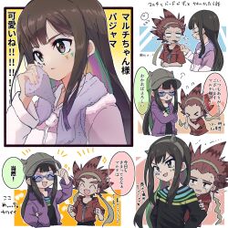 1boy 1girl aqua_stripes beyblade beyblade_x black_eyes black_hair black_shirt blonde_hair brown_hair colored_inner_hair facial_tattoo flat_chest green_hair green_stripes highres jacket kazami_bird long_hair multicolored_hair nanairo_multi pink_hair purple_jacket shirt spiked_hair sunglasses tattoo tkoknmy0321 towel towel_around_neck yellow_stripes