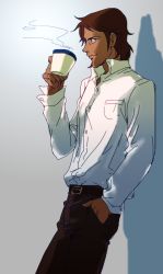 1boy brown_hair collared_shirt dark-skinned_male dark_skin dress_shirt hand_in_pocket hyakujuu-ou_golion iria59 kurogane_isamu long_sleeves looking_at_viewer male_focus mullet pants shirt shirt_pocket smile solo steam voltron:_legendary_defender voltron_(series) white_shirt