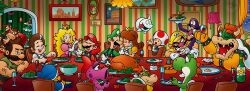 baby_mario birdo blonde_hair blue_eyes bow bowser bowser_jr. bread brown_fur brown_hair chimpanzee christmas christmas_tree colored_skin cron department diddy_kong dinner dinodaur dog donkey_kong dress drink eating facial_hair family fighting food ghost ghost_dog gloves gorilla green_skin hat horn indoors kamek luigi luigi&#039;s_mansion_dark_moon mama_mario mario mario_(series) mashed_potatoes mushroom mushroom_hat mustache necktie nintendo nintendo_switch oeveralls on_model papa_mario pink_skin playing polterpup princess princess_daisy princess_peach red_eyes red_hair salad salt shell shirt soup spikes super_star_(mario) table the_super_mario_bros._movie toad_(mario) turkey_(food) turtle universal_studios waluigi wario yinyanggio14 yoshi