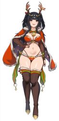 1girl absurdres antlers bell black_hair bra breasts cape fake_antlers fire_emblem fire_emblem_awakening fire_emblem_heroes fur-trimmed_cape fur_trim hand_on_own_hip highres horns large_breasts long_hair looking_at_viewer navel neck_bell nintendo official_alternate_costume panties purple_eyes red_bra red_panties reindeer_antlers simple_background smile solo star_(symbol) star_print tharja_(&quot;normal_girl&quot;)_(fire_emblem) tharja_(fire_emblem) thick_thighs thighhighs thighs two_side_up underwear zet_(twt_zet)