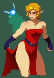 1boy 1other absurdres alternate_costume bare_shoulders belt black_belt black_gloves blonde_hair blue_eyes blush combos_&amp;_doodles crossdressing dress fingerless_gloves gloves green_background highres link medium_hair navi nintendo open_mouth pointy_ears red_dress side_slit simple_background strapless strapless_dress teeth the_legend_of_zelda the_legend_of_zelda:_breath_of_the_wild trap upper_teeth_only
