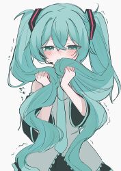 1girl absurdres aqua_eyes aqua_hair black_skirt black_sleeves crying crying_with_eyes_open detached_sleeves grey_shirt hair_ornament hatsune_miku highres holding long_hair necktie shaking shirt skirt tears twintails very_long_hair vocaloid yukia_1128