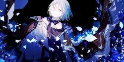 1girl absurdres arcaea bare_shoulders black_background black_cape blue_eyes blue_petals cape closed_mouth cowboy_shot dress expressionless falling_petals flower flower_over_eye gloves highres looking_at_viewer maboroshi_(freeze000) off-shoulder_dress off_shoulder petals saya_(arcaea) short_dress short_hair solo standing white_dress white_flower white_gloves white_hair