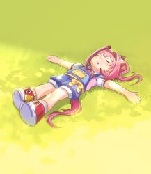 1girl animal_ears blue_overalls blush bow closed_eyes commentary_request day ear_bow full_body grass haru_urara_(umamusume) highres horse_ears horse_girl horse_tail long_hair lying moko39_takasora neck_ribbon on_back open_mouth outdoors outstretched_arms overalls pink_hair ponytail red_ribbon red_shoes ribbon shirt shoes short_sleeves socks solo spread_arms tail umamusume white_bow white_shirt white_socks