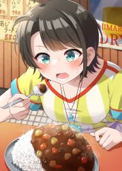 1girl blue_eyes blush brown_hair curry curry_rice food highres holding holding_spoon hololive looking_at_viewer nero_(starlightbrakerexfb) oozora_subaru oozora_subaru_(1st_costume) open_mouth rice shirt short_hair solo spoon stopwatch stopwatch_around_neck striped_clothes striped_shirt vertical-striped_clothes vertical-striped_shirt virtual_youtuber watch whistle whistle_around_neck yellow_shirt