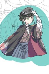 1girl alternate_costume black_coat black_hair black_hat black_kimono blue_hakama blunt_bangs closed_mouth coat coat_on_shoulders crossdressing expressionless green_eyes hair_bun hakama hat highres japanese_clothes kimono link!_like!_love_live! long_sleeves looking_at_viewer love_live! momose_ginko sakari_(pear_8_ll) shirt short_hair sidelocks single_hair_bun solo split_mouth virtual_youtuber white_shirt