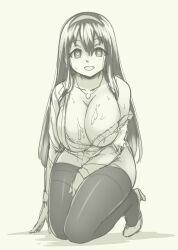 1girl :d blush bra breasts cleavage collarbone commentary_request full_body greyscale hairband heart heart-shaped_pupils high_heels jewelry kneeling lace lace-trimmed_bra lace_trim large_breasts looking_at_viewer monochrome necklace open_mouth original pantyhose pas_(paxiti) pencil_skirt shoes single_off_shoulder skirt smile solo suggestive_fluid symbol-shaped_pupils underwear