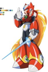 1boy android armor blonde_hair blue_eyes chest_jewel closed_mouth color_guide energy_sword forehead_jewel full_body gloves guutara helmet highres holding holding_sword holding_weapon jewelry joints long_hair looking_at_viewer mega_man_(series) mega_man_x_(series) ponytail red_armor red_helmet robot robot_ears robot_joints shoulder_armor simple_background smile solo sword thumbs_up very_long_hair weapon white_background white_gloves z_saber zero_(mega_man)