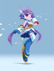 1girl blue_background bodysuit boots detached_sleeves dragon_girl dragon_horns eyelashes freedom_planet freedom_planet_2 furry galaxytrail gloves headgear highres horns japanese_clothes kimono long_hair looking_at_viewer official_art pink_eyes purple_hair sash_lilac smile twintails tyson_tan very_long_hair