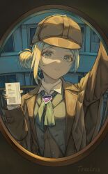 Rule 34 | 1girl, absurdres, alternate costume, arm up, bow, bowtie, brown coat, brown hat, coat, deerstalker, green bow, green bowtie, grey eyes, grey hair, grey jacket, hair bun, hands up, hat, highres, holding id card, jacket, peephole, pov peephole, reverse:1999, shirt, short hair, single side bun, solo, tongshan treeless, upper body, vertin (reverse:1999), white shirt
