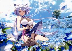 1girl animal_ear_fluff animal_ears black_bow black_bowtie blue_dress blue_flower boots bow bowtie bracelet breasts brown_boots cloud cluseller dress falling_petals fang fingerless_gloves flower gloves gold_bracelet grey_hair indie_virtual_youtuber jewelry large_breasts long_hair meadow open_mouth petals purple_eyes raccoon_ears raccoon_girl raccoon_tail sky sleeveless smile solo steepled_fingers tail thighhighs tree virtual_youtuber yozora_aoi