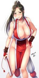1girl 2019 arm_guards bare_shoulders breasts brown_hair cleavage clenched_teeth folded_fan cosplay dated embarrassed fatal_fury female_focus folding_fan green_eyes hand_fan high_ponytail highres idolmaster idolmaster_cinderella_girls large_breasts leaning_forward long_hair mukai_takumi ninja pelvic_curtain ponytail revealing_clothes rope shiranui_mai sidelocks signature solo sweat teeth the_king_of_fighters thighs yoohi