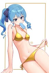 Rule 34 | 1girl, absurdres, arm support, bad anatomy, bad hands, bikini, blue eyes, blue hair, blue nails, breasts, choconi, earrings, food, food in mouth, gold bikini, highres, hololive, hoshimachi suisei, jewelry, leaning to the side, looking at viewer, navel, open clothes, popsicle, popsicle in mouth, side ponytail, sitting, small breasts, solo, star (symbol), star earrings, stomach, swimsuit, thighs, untied bikini, virtual youtuber, white background