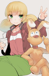 1girl animification bendy_straw blonde_hair blush brain_(inspector_gadget) cup dog drinking_straw green_eyes inspector_gadget jacket looking_at_viewer naso4 penny_(inspector_gadget) short_twintails simple_background sitting sketch smile twintails v