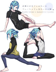 Rule 34 | 1boy, alternate costume, aqua eyes, aqua hair, barefoot, black shirt, black shorts, blue shorts, closed eyes, closed mouth, collarbone, commentary request, flexible, grusha (pokemon), head tilt, highres, leggings under shorts, looking to the side, male focus, min (myna8247), multiple views, nintendo, pants, pokemon, pokemon sv, shirt, short sleeves, shorts, sleeveless, sleeveless shirt, squatting, stirrup legwear, stretching, toeless legwear, white background