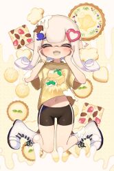 1girl big_man_(splatoon) bike_shorts black_shorts blonde_hair blush boots character-themed_food chocolate closed_eyes clothes_lift colored_tongue commentary_request cookie facing_viewer fangs food food_on_clothes food_on_head food_print full_body furrowed_brow hair_ornament hands_on_own_cheeks hands_on_own_face heart heart_hair_ornament highres inkling inkling_girl inkling_player_character kneeling long_hair midriff multicolored_hair navel nintendo noamem object_on_head octopus_hair_ornament open_mouth pointy_ears print_shirt purple_hair shirt shirt_lift short_sleeves shorts skin_fangs solo splatoon_(series) splatoon_3 squid_hair_ornament t-shirt tart_(food) tentacle_hair white_boots white_chocolate wristband yellow_shirt yellow_tongue