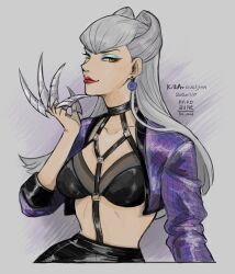 1girl black_skirt breasts cropped_jacket demon_girl evelynn_(league_of_legends) highres jacket k/da_(league_of_legends) k/da_all_out_evelynn komiti league_of_legends long_hair looking_at_viewer medium_breasts open_clothes open_jacket skirt solo white_hair yellow_eyes