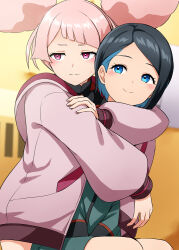 2girls afro_puffs asticassia_school_uniform between_legs blue_eyes blue_hair chuatury_panlunch colored_inner_hair commentary_request green_jacket gundam gundam_suisei_no_majo hand_between_legs highres hood hood_down hoodie hug hug_from_behind jacket kamelie long_hair multicolored_hair multiple_girls nika_nanaura pink_eyes pink_hair pink_hoodie school_uniform short_hair sitting smile sweatdrop swept_bangs two-tone_hair yuri
