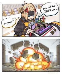 ! 1girl 2koma black_gloves black_shirt blonde_hair bomb comic covered_eyes defusing english_text explosion explosive eye_mask failure fingerless_gloves flying_sweatdrops gloves hair_ornament holding holding_screwdriver jagos_(legocup) long_hair long_sleeves open_mouth panicking screwdriver shirt sign solo speech_bubble trigger_(zenless_zone_zero) walkie-talkie warning_sign wire_cutters zenless_zone_zero