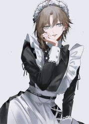 1boy absurdres apron black_bow black_bowtie black_dress bow bowtie braid brown_hair collared_dress crossdressing doku_kobuko dress ear_piercing earrings eyeliner flower_hairtie grey_eyes hair_over_shoulder highres jewelry kanae_(20th_costume)_(nijisanji) kanae_(nijisanji) lipstick long_sleeves maid maid_apron maid_headdress makeup male_focus male_maid medium_hair nijisanji official_alternate_costume piercing red_eyeliner red_lips ribbon ring simple_background single_braid sleeve_cuffs smile solo trap virtual_youtuber white_apron white_background