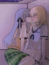 2girls bang_dream! bang_dream!_it&#039;s_mygo!!!!! black_ribbon blonde_hair blue_hair blue_neckerchief blue_shirt blush braid brown_sweater_vest commentary_request dated eye_contact green_skirt hair_ribbon haneoka_school_uniform highres imminent_kiss long_hair looking_at_another medium_hair misumi_uika momokan_1209 multiple_girls neckerchief open_mouth plaid_clothes plaid_skirt pleated_skirt purple_eyes ribbon sailor_collar school_uniform ship_name shirt short_sleeves sidelocks skirt sweater_vest togawa_sakiko translated tsukinomori_school_uniform white_sailor_collar white_shirt white_skirt yellow_eyes yuri