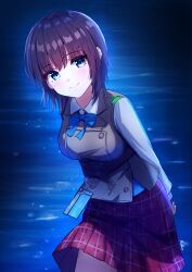 Rule 34 | 1girl, absurdres, aoi erika, black hair, bow, breasts, brown vest, green eyes, heaven burns red, highres, long sleeves, medium hair, mok kan, ocean, plaid clothes, plaid skirt, red skirt, shirt, short hair, skirt, solo, vest, white shirt