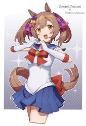 1girl absurdres alternate_costume animal_ears arms_up bishoujo_senshi_sailor_moon blush breasts brown_eyes brown_hair commission cosplay hair_ornament heart heart_hands highres horse_girl horse_tail looking_at_viewer open_mouth ribbon sailor_moon sailor_moon_(cosplay) sha_(siasha0104) simple_background skeb_commission smart_falcon_(umamusume) solo tail umamusume white_background