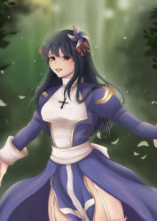 Rule 34 | 1girl, alternate color, black hair, blue dress, blurry, blurry background, blush, bow, breasts, brown eyes, commentary, commission, cowboy shot, dress, english commentary, garter straps, green background, hair bow, high priest (ragnarok online), highres, juliet sleeves, long hair, long sleeves, looking at viewer, medium breasts, open mouth, pelvic curtain, pinntsu, pinwheel hair ornament, puffy sleeves, ragnarok online, red bow, sash, smile, solo, two-tone dress, watermark, white dress, white sash