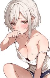 1girl breasts camisole cleavage downblouse highres large_breasts original paragasu_(parags112) short_hair simple_background single_off_shoulder sweat tagme white_background white_hair