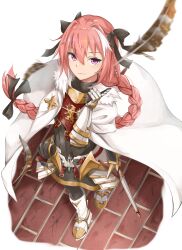1boy armor astolfo_(fate) black_bow bow braid brick_floor cape coat crossdressing emblem fate/apocrypha fate/grand_order fate_(series) feathers fur-trimmed_coat fur_trim hair_bow hair_intakes highres hoshimiya_mashiro multicolored_hair multiple_hair_bows pink_hair scabbard sheath single_braid standing streaked_hair trap white_cape white_hair