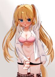 1boy 1girl :o backlighting bar_censor black_panties blonde_hair blue_eyes blush bra breasts censored cleavage clothes_pull collared_shirt commentary_request cowboy_shot embarrassed eshiko eyes_visible_through_hair grinding groin hair_between_eyes hair_ribbon handjob hetero highres large_breasts leaning_forward little_busters! little_busters!_school_uniform long_hair long_ribbon looking_at_viewer navel nose_blush open_clothes open_mouth open_shirt panties panty_pull penis pink_bra plaid_clothes plaid_skirt pov pov_crotch pulling_own_clothes pussy ribbon school_uniform shirt sidelocks simple_background skirt skirt_pull sleeves_past_wrists solo_focus tokido_saya twitching two_side_up underwear very_long_hair white_background white_ribbon white_shirt