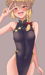 1girl :d absurdres alternate_costume alternate_hairstyle black_dress blonde_hair blush bow braid braided_bun breasts china_dress chinese_clothes commentary_request cookie_(touhou) cowboy_shot dress grey_background hair_bun highres kirisame_marisa looking_at_viewer medium_breasts medium_hair no_panties open_mouth pyukasshori red_bow red_eyes side_braid simple_background single_braid sleeveless sleeveless_dress smile solo suzu_(cookie) touhou unusually_open_eyes v