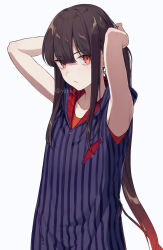 1boy androgynous armpits arms_up bags_under_eyes center-flap_bangs closed_mouth fate/grand_order fate_(series) gradient_hair hair_intakes hood hoodie lone_nape_hair long_hair looking_at_viewer male_focus multicolored_hair o3o oda_nobukatsu_(fate) official_alternate_costume plaid_clothes pocket red_eyes red_hair shirt_under_shirt sidelocks simple_background sleeveless sleeveless_hoodie solo striped_clothes striped_hoodie twitter_username tying_hair upper_body very_long_hair white_background yzrh0 zipper_pull_tab