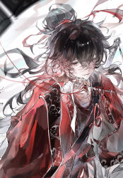 Rule 34 | 1boy, absurdres, bandaged arm, bandaged chest, bandaged hand, bandages, bishounen, black hair, black hanfu, chinese clothes, chinese commentary, closed mouth, coat, commission, dao gui yi xian, floating hair, hair between eyes, hair bun, hair ribbon, hanfu, highres, holding, holding knife, knife, li huowang, long hair, long sleeves, looking at viewer, male focus, open clothes, open coat, parted lips, ponytail, qingningxiaan21085, red coat, red eyes, red ribbon, ribbon, robe, shoulder belt, single hair bun, smile, smoke, solo, string, string of fate, sword, sword on back, sword tassel, tassel, upper body, weapon, weapon on back, white background, wide sleeves