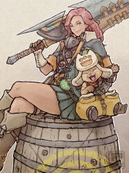 Rule 34 | 1girl, aqua skirt, barrel, boots, brown boots, brown eyes, cat, closed mouth, felyne, holding, holding sword, holding weapon, hope (armor), huge weapon, long hair, miniskirt, monster hunter (character), monster hunter (series), over shoulder, pink hair, pleated skirt, sitting, skirt, smile, solo, sword, tanabanata, thigh strap, weapon, weapon over shoulder